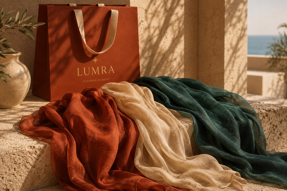 Lumra shopping bag beside three coordinated Anchor, Neutral, and Accent scarves on sunlit stone steps overlooking the Mediterranean coast