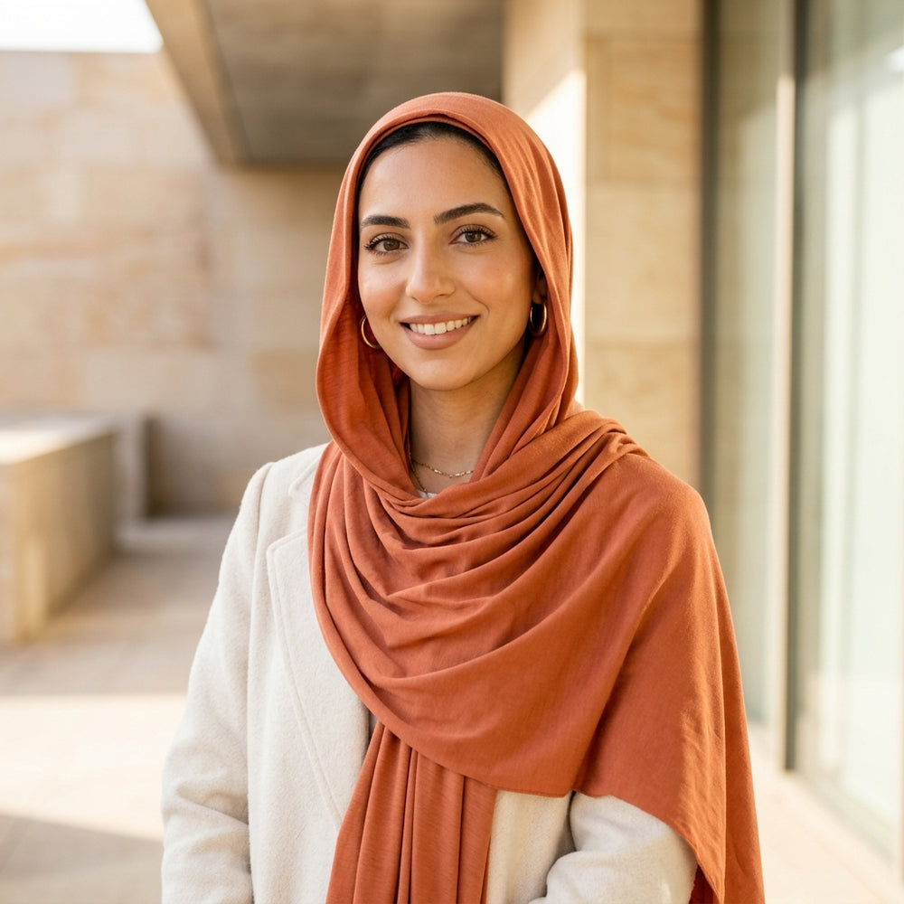 Woman wearing a terracotta Lumra hijab against a sunlit stone archway