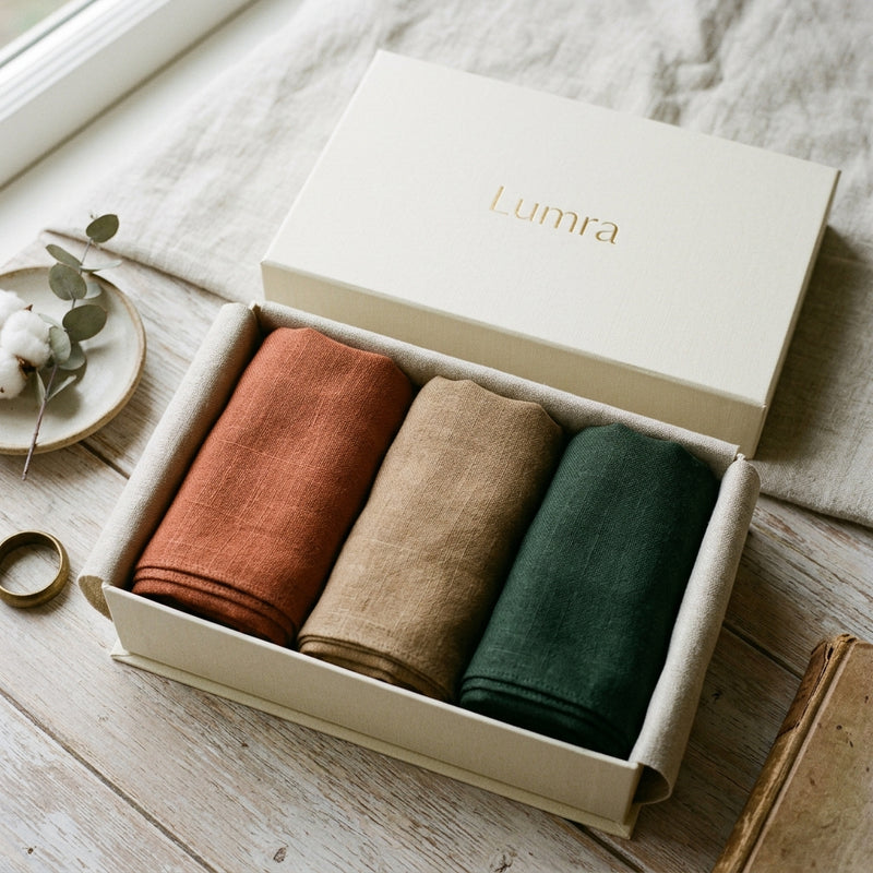 An open Lumra box with three coordinated Anchor, Neutral, and Accent scarves