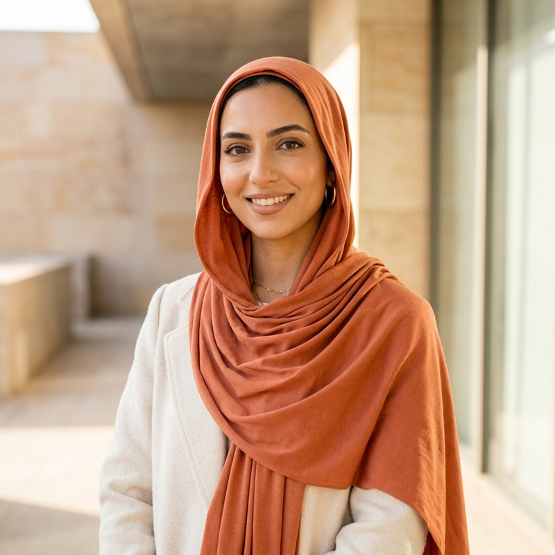 Woman wearing a terracotta Lumra hijab against a sunlit stone archway
